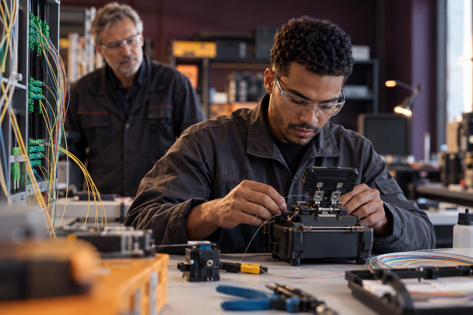Illustration d’un technicien apprenant le raccordement fibre avec un formateur
